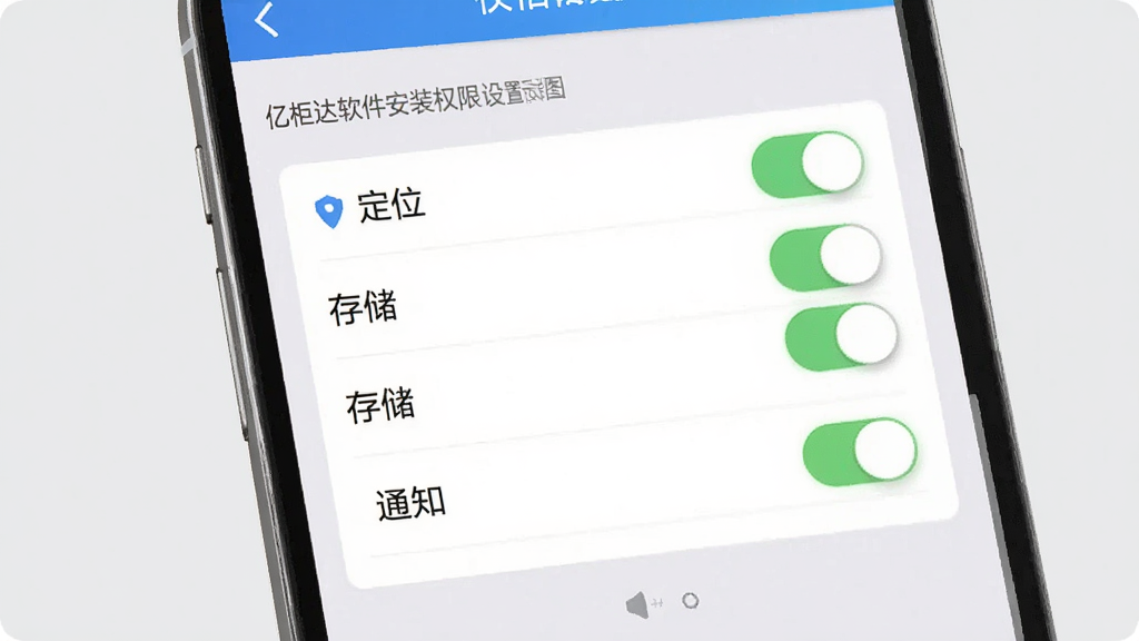亿柜达软件安装权限设置示意图,画面为手机设置界面,显示权限管理页面,有定位、存储、通知等开关按钮,背景为浅灰色,风格简洁明了,画质高清,干净无多余元素
