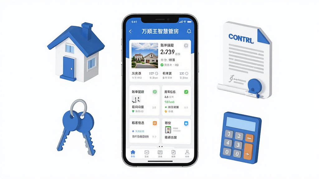 画面中央展示一部智能手机,屏幕上呈现“万顺王智慧管房”应用主界面,界面包含房源列表、账单提醒、租客信息卡片等模块,手机周围环绕房屋、钥匙、合同、计算器等立体图标,采用扁平化商务插画风格,蓝白配色为主,布局简洁对称,细节清晰,画质干净,无多余元素