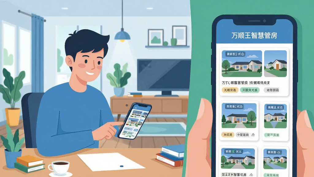 画面主体为一位年轻房东坐在书桌前使用手机查看“万顺王智慧管房”房源列表,手机屏幕显示多套房源卡片与状态标签,背景为整洁的现代家居环境,布局采用左右分栏构图,左侧人物右侧手机界面特写,风格为清新扁平插画,蓝绿配色,细节丰富,画质干净,无多余元素