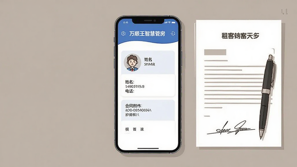 画面中央为一部手机,屏幕上展示“万顺王智慧管房”租客档案页面,包含头像、姓名、电话、合同附件等卡片信息,手机旁边放置纸质合同与签字笔,采用商务简约插画风格,暖灰与蓝色搭配,布局居中对称,细节清晰,画质干净,无多余元素