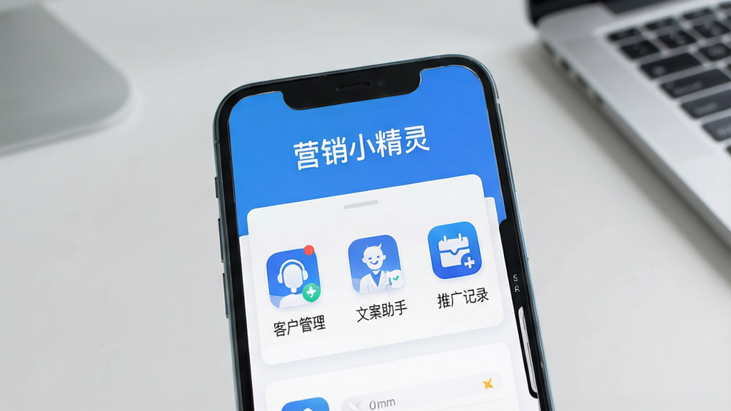 一张展示手机屏幕的图片,屏幕中央是营销小精灵应用主界面,界面顶部显示软件名称“营销小精灵”,下方排列着客户管理、文案助手、推广记录等功能图标,整体采用蓝白配色,布局简洁清晰,背景为浅灰色桌面环境,风格现代商务,画质干净无多余元素,适合软件下载站配图使用