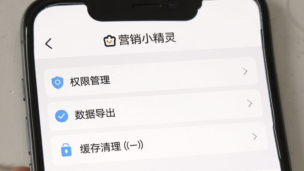 一张手机屏幕显示营销小精灵设置界面的图片,界面上包含权限管理、数据导出、缓存清理等选项,顶部显示软件名称“营销小精灵”,界面风格简洁,配色以白色和浅灰色为主,画质清晰干净,适合作为教程配图使用