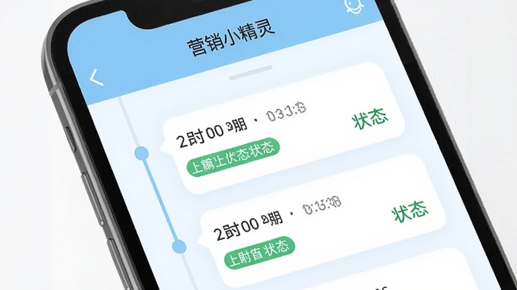 营销小精灵功能展示图片,画面为手机屏幕特写,屏幕上呈现推广记录时间轴,每条记录带有时间戳与状态标签,界面配色以白色和浅蓝色为主,软件名称“营销小精灵”显示在顶部导航栏,整体排版整齐,风格清爽,画质干净,适合下载页面配图