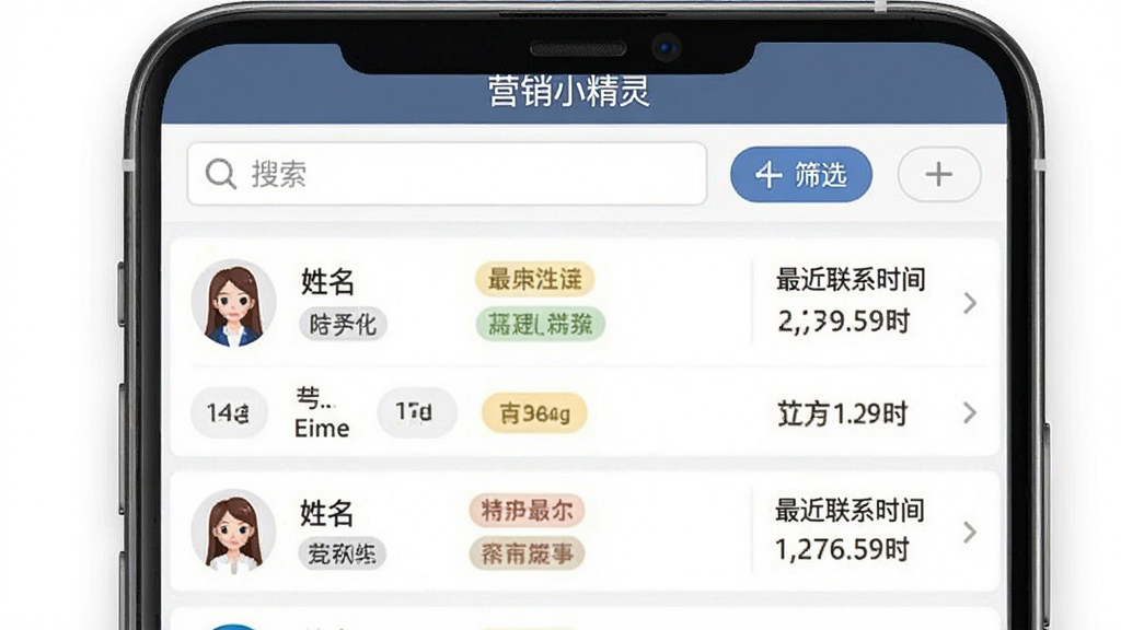 营销小精灵软件界面截图风格图片,画面主体为手机屏幕,屏幕上显示客户资料列表,每条记录包含姓名、标签与最近联系时间,顶部有搜索框和筛选按钮,界面文字清晰可辨,软件名称“营销小精灵”出现在屏幕顶部标题栏,整体风格简洁商务,画质干净,无多余装饰元素