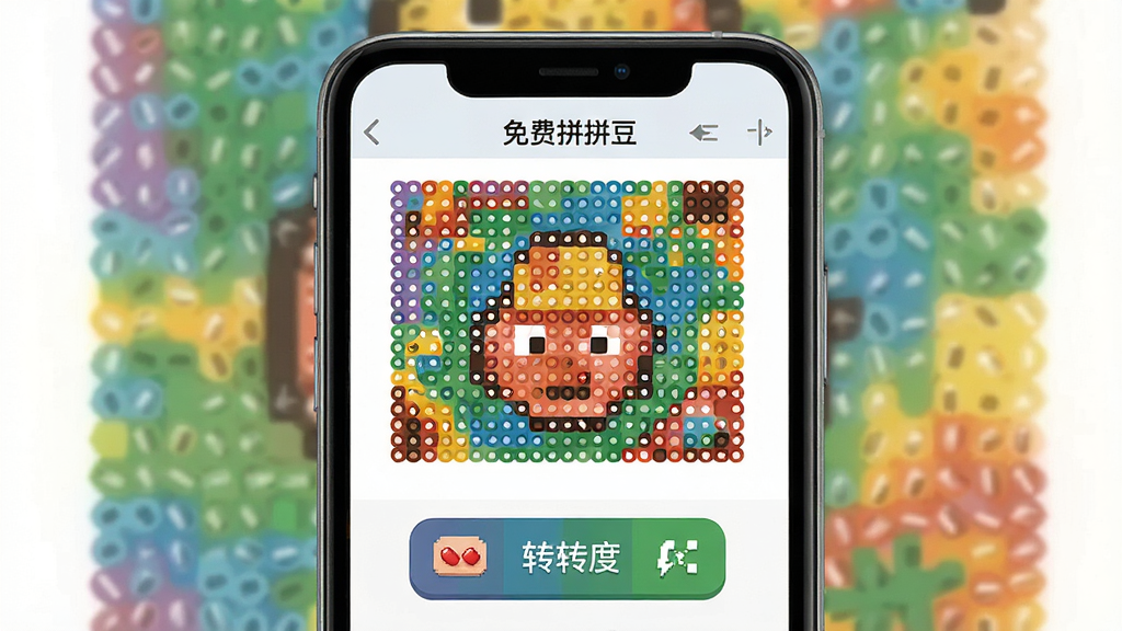 一款名为“免费拼拼豆”的手机应用界面展示,画面中央是手机屏幕,屏幕内显示色彩斑斓的拼豆图纸和像素转换功能按钮,主体突出,布局为居中展示,排版干净,风格为扁平化UI设计,细节包括清晰的图标和色块,画质高清,干净,无多余元素
