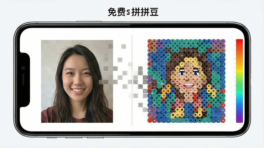 一张展示“免费拼拼豆”软件中照片转拼豆图纸功能的示意图,画面主体为手机屏幕,屏幕内展示一张照片正在被转换成彩色拼豆网格,布局为左右对比,排版清晰,风格为写实科技风,细节包括像素化过渡效果和色彩映射,画质高清,干净,无多余元素