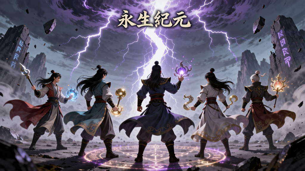 一幅仙侠题材的多人组队战斗场景图,画面主体为五名不同职业的修仙者并肩站立,面对天空中劈下的紫色天雷,布局为角色一字排开、天雷从上方落下、地面有阵法光圈,排版采用横版宽幅构图,风格为韩系厚涂与国风元素结合,细节包括角色手中的法宝发光、衣袍被风吹起、背景有破碎的山石与符文,画质精美,干净,无多余元素,画面中打文字“永生纪元”