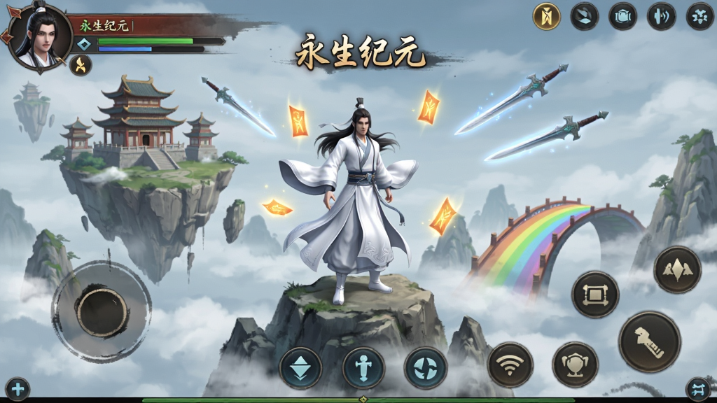 一幅东方仙侠风格的手机游戏界面截图,画面主体为一位身着白色长袍的修仙者站在云雾缭绕的山峰之巅,背景有悬浮的仙山楼阁与飞剑光影,布局上方为角色信息栏,下方为功能按钮区域,排版采用竖版手机屏幕比例,风格为水墨国风与3D渲染结合,细节包括飘动的衣袂、发光的灵符、远处的彩虹桥,画质高清,干净,无多余元素,画面中打文字“永生纪元”