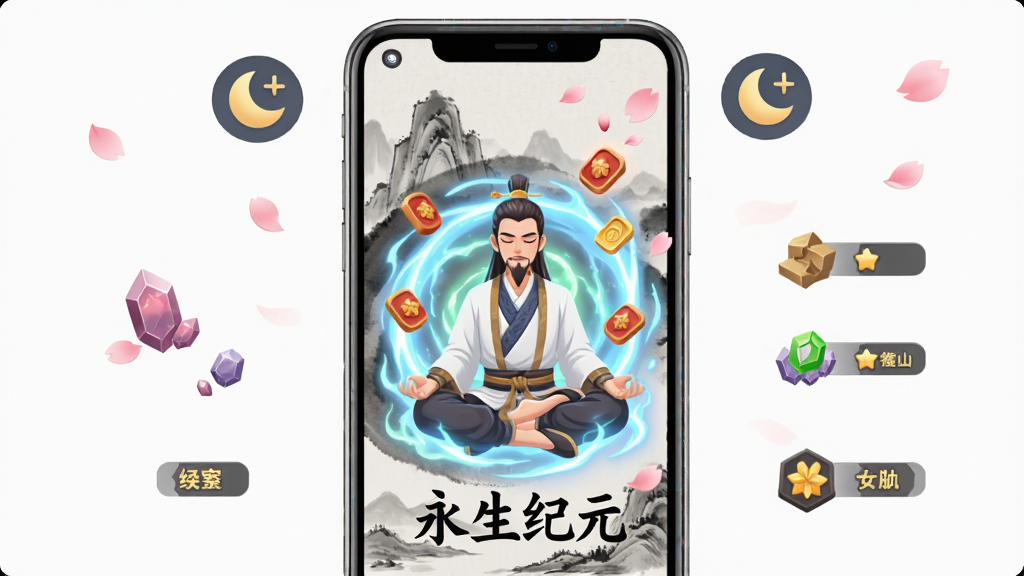 一幅展示手机挂机修仙场景的插画,画面中央是一部竖放的智能手机,屏幕内显示一位修仙者闭目打坐,周围环绕着发光的灵气漩涡与漂浮的丹药,手机外有钟表与月亮图标表示离线时间,布局为手机居中、左右两侧分布灵石与经验值图标,排版简洁明了,风格为扁平化与微立体结合,细节包括手机边框的金属质感、屏幕内的水墨背景、飘落的桃花瓣,画质清晰,干净,无多余元素,画面中打文字“永生纪元”
