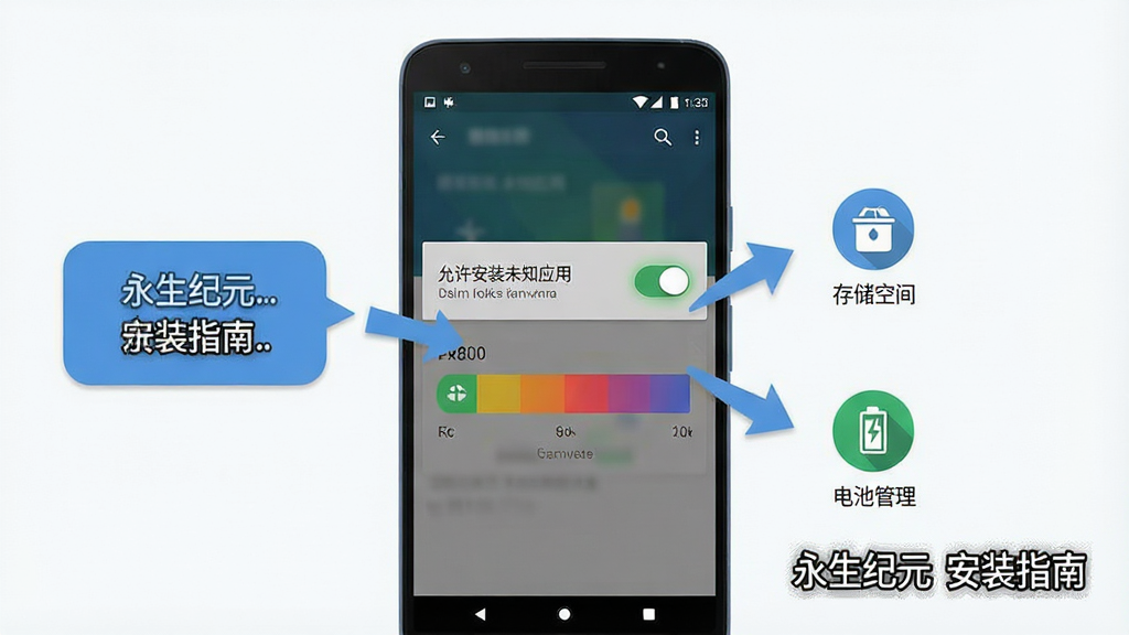 一幅展示手机游戏安装与权限设置的示意图,画面主体为一部安卓手机屏幕,显示“允许安装未知应用”的开关界面,旁边有箭头指向“存储空间”与“电池管理”图标,布局为手机居中、左右两侧有提示气泡,排版简洁,风格为扁平化UI设计,细节包括开关按钮的高亮效果、存储条的颜色渐变,画质清晰,干净,无多余元素,画面中打文字“永生纪元 安装指南”