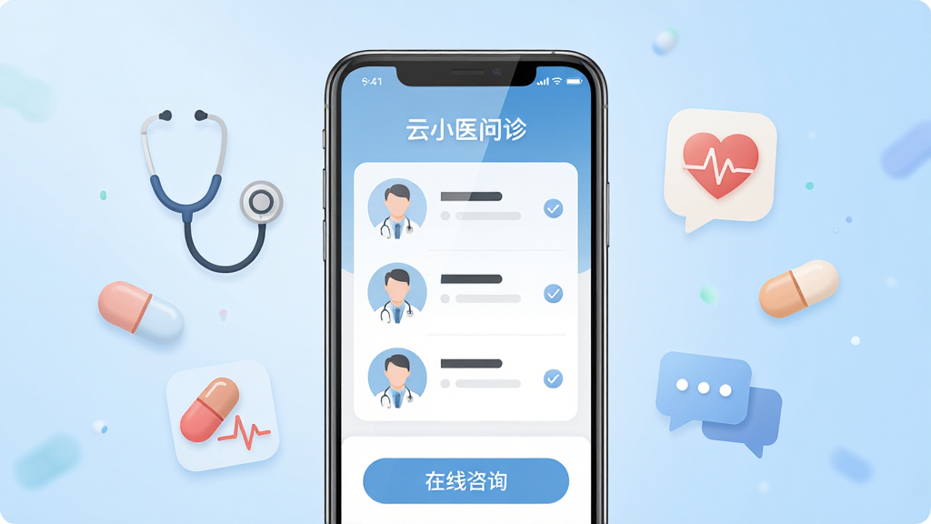 主体为一部智能手机,屏幕上显示“云小医问诊”应用界面,界面中包含医生头像列表和在线咨询按钮;布局采用居中构图,手机两侧漂浮着听诊器、药丸、心率图标和对话气泡;排版简洁明亮,风格为现代扁平化医疗科技风;细节上手机屏幕有轻微反光,图标色彩柔和;画质为高清4K,画面干净无多余元素,背景为浅蓝色渐变。