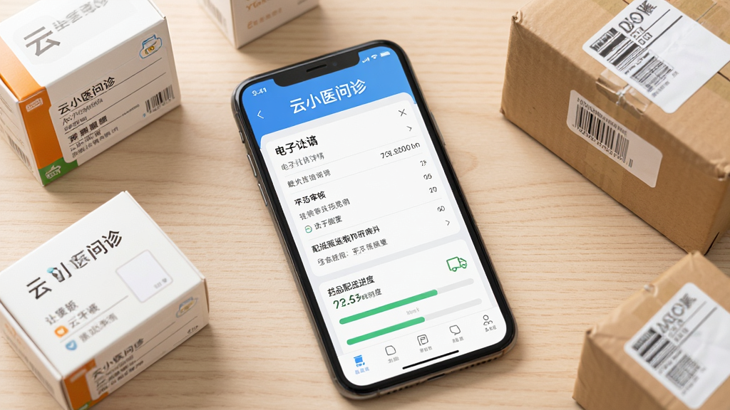 主体为一部手机,屏幕上显示“云小医问诊”的电子处方详情页和药品配送进度条;布局采用手机斜放,旁边散落着几个药盒和快递包裹;排版清晰展示处方审核和配送流程;风格为清新生活化风格;细节上药盒标签清晰,包裹有物流标签;画质为高清,画面干净,背景为浅色木纹桌面。