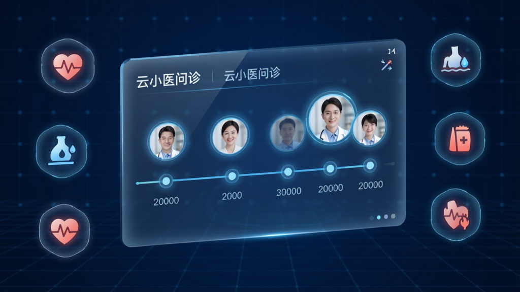 主体为一块悬浮的半透明数字屏幕,屏幕上显示“云小医问诊”的健康档案时间轴和家庭成员头像;布局采用屏幕居中,周围环绕着代表心率、血压、血糖的图标;排版具有科技感,风格为未来医疗数据风;细节上时间轴节点清晰,头像有柔和的发光边缘;画质为高清,画面干净,背景为深蓝色科技网格。