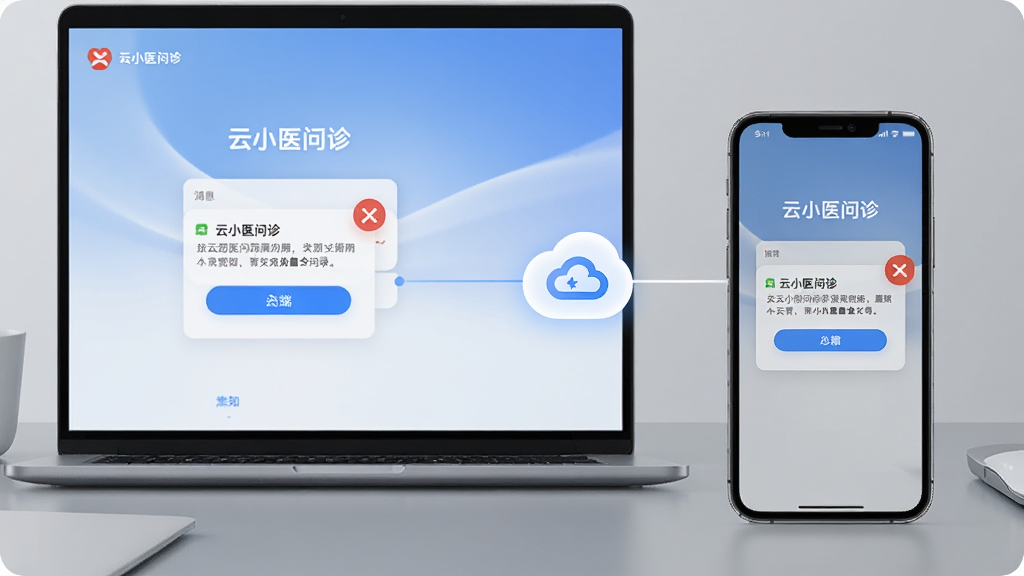 主体为一台笔记本电脑和一部手机并排放在桌面上,两个设备屏幕均显示“云小医问诊”的登录界面和消息通知弹窗;布局采用左右对称,中间有云同步图标连接;排版突出多端同步概念;风格为现代办公数码风;细节上设备边框窄,通知弹窗红色角标醒目;画质为高清,画面干净,背景为简约灰色桌面。