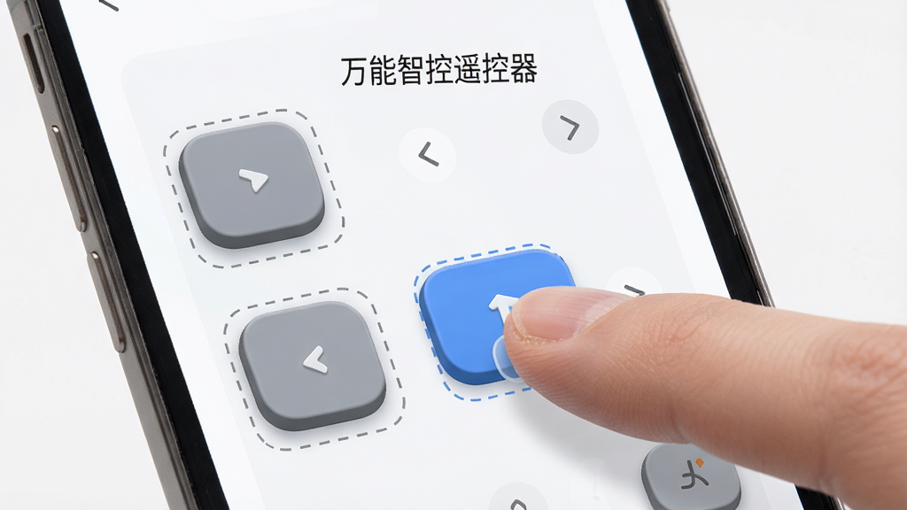 一个用户正在手机上拖拽自定义遥控器按钮的界面,手机屏幕显示可编辑的遥控面板,按钮带有虚线框和移动箭头,主体为手机和手指,布局居中,排版简洁,风格现代UI,细节表现按钮的立体感和拖拽状态,画质高清,干净,无多余元素,图片中文字“万能智控遥控器”