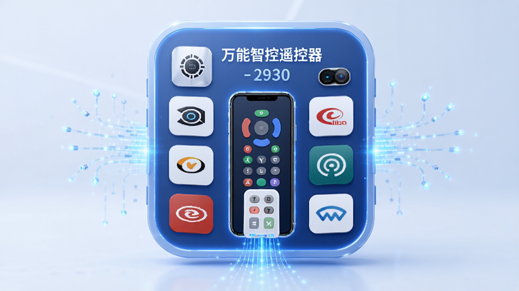 一个巨大的虚拟数据库图标,里面排列着各种家电品牌的标识,手机屏幕从数据库中提取遥控码,主体居中,布局对称,排版清晰,风格科技感,细节表现数据流动的光效,画质高清,干净,无多余元素,图片中文字“万能智控遥控器”
