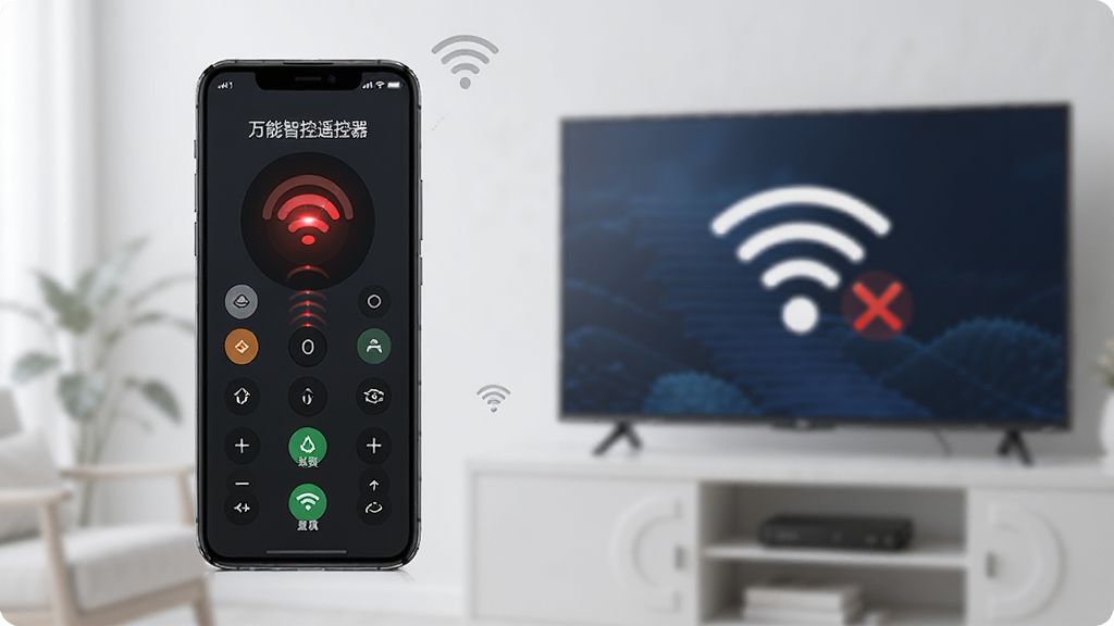 一部手机在无网络信号的环境下依然正常发射红外信号控制电视,手机屏幕显示遥控界面,背景为带有WiFi关闭图标的图案,主体为手机和电视,布局左右呼应,排版简洁,风格写实科技,细节表现红外光效,画质高清,干净,无多余元素,图片中文字“万能智控遥控器”