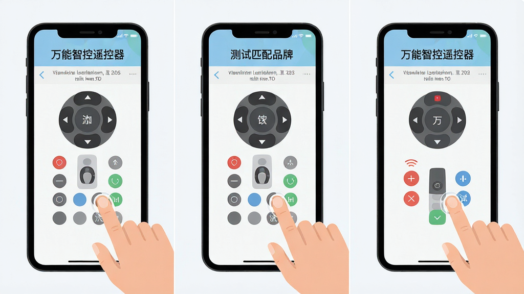 一张手机屏幕显示万能智控遥控器新手引导步骤的截图风格插画,画面分三格展示添加设备、匹配品牌、测试按键的流程,主体为手机界面,布局横向排列,排版清晰,风格扁平化教程风,细节表现手指点击动作,画质高清,干净,无多余元素,图片中文字“万能智控遥控器”
