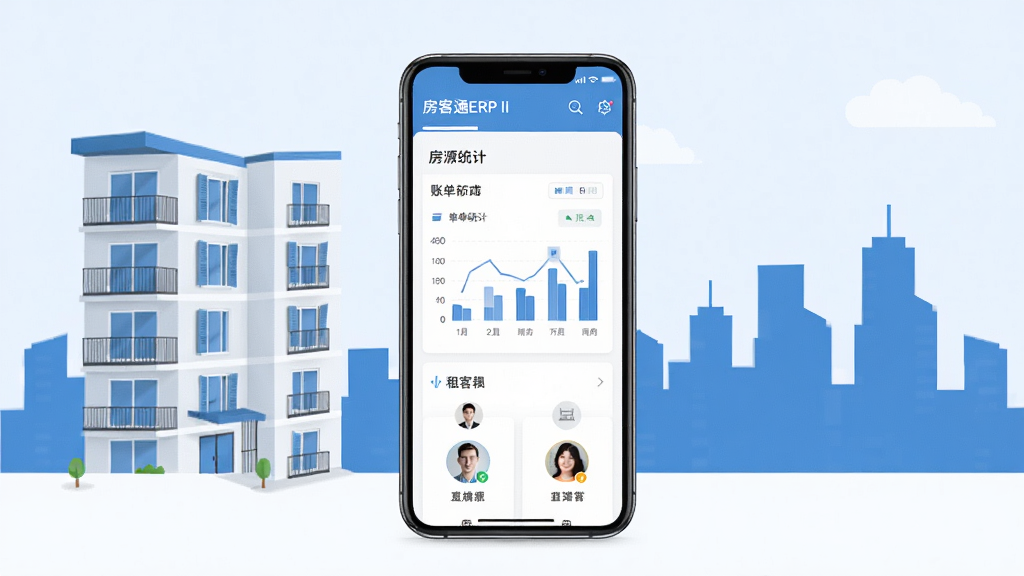 房客通ERP II 软件主界面展示,画面中央放置一部智能手机,屏幕内呈现公寓管理看板,包含房源列表、账单统计与租客头像卡片,背景为简洁的现代公寓楼与城市剪影,整体采用蓝白配色,布局干净整齐,风格清爽扁平,细节清晰,画质细腻,无多余元素