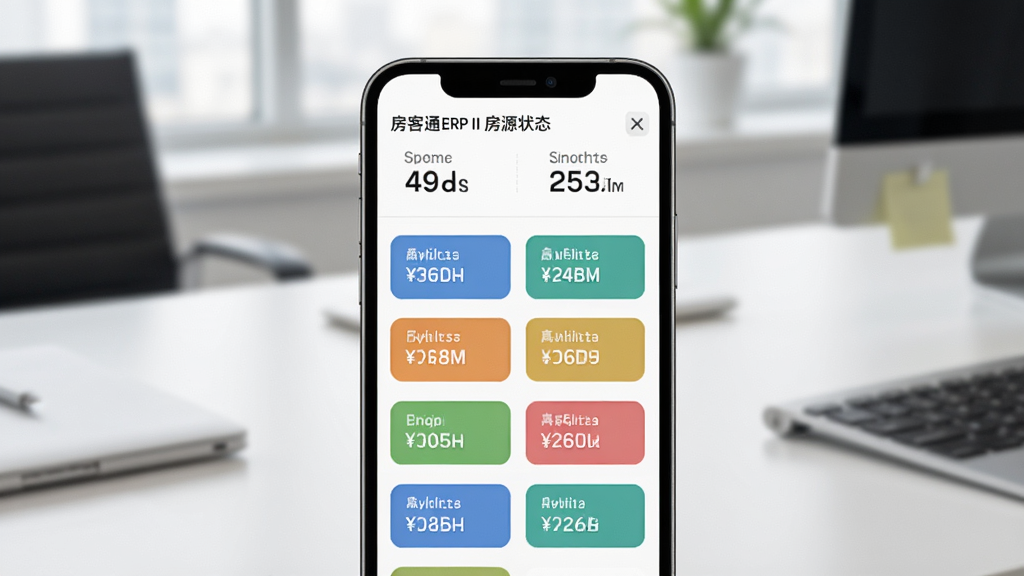 房客通ERP II 房源状态看板界面,手机屏幕中显示多张彩色标签卡片,分别标注不同房源状态,顶部有统计数字,背景为简洁的办公室桌面,风格现代商务,布局清晰,画质干净,无多余元素