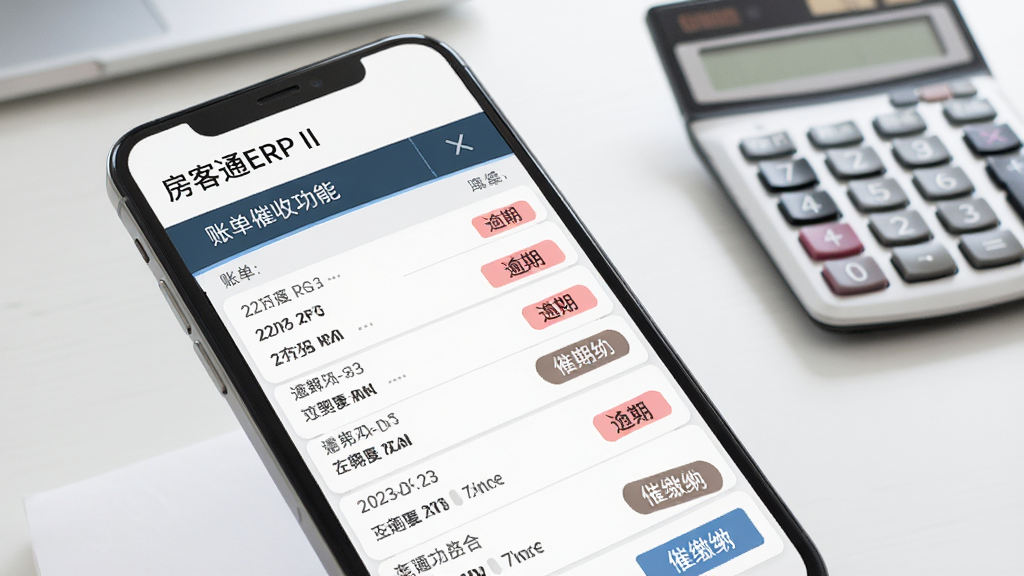房客通ERP II 账单催收功能界面,手机屏幕内显示账单列表与催缴按钮,部分账单标注逾期红色提醒,背景为简洁的办公桌与计算器,风格写实商务,布局规整,画质清晰,无多余元素