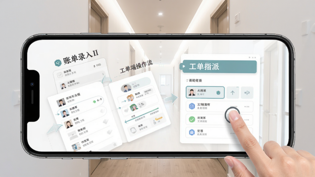 房客通ERP II 移动端操作指引图,画面展示手机屏幕内账单录入与工单指派流程,旁边有手指点击示意,背景为简洁的公寓走廊,风格写实清晰,布局直观,画质干净,无多余元素