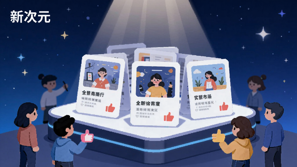 画面中央是一个发光的展示台,台上放置多张内容卡片,卡片上绘制插画、文字和点赞图标,光束从上方照射下来形成聚光灯效果。展示台周围有若干小人图标正在观看和点赞,背景为深蓝色星空渐变。画面左上角标注