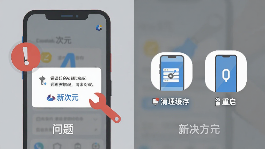 画面展示一部手机屏幕出现错误提示弹窗,旁边有一个红色感叹号和扳手图标,另一侧展示清理缓存和重启手机的示意图标。整体布局左右对比,左侧为问题场景,右侧为解决方案。风格为简洁的扁平化说明插画,配色以红、蓝、灰为主,画面中可加入