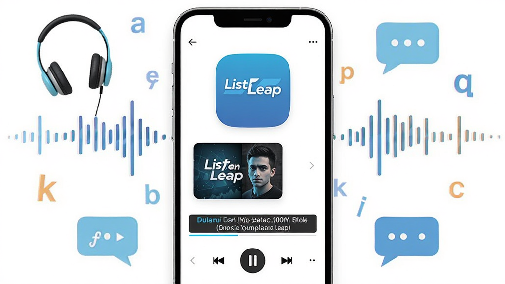 һ������������ִ����ֻ�Ӧ�ý��棬��Ļ������ʾ��ListenLeap��Ӧ��Logo��Ӣ�ﲥ�Ͳ��Ž��棬��Χ�����Ŷ�����������Ӣ����ĸ���Ի����ݵ�Ԫ�أ����岼�ֲ��þ��й�ͼ�����Ϊ����ƽ���Ƽ��磬ϸ�������ֲ��ͷ��桢˫����Ļ���Ͳ��ſ��ư�ť�����ʸ��塢�ɾ����޶���Ԫ��