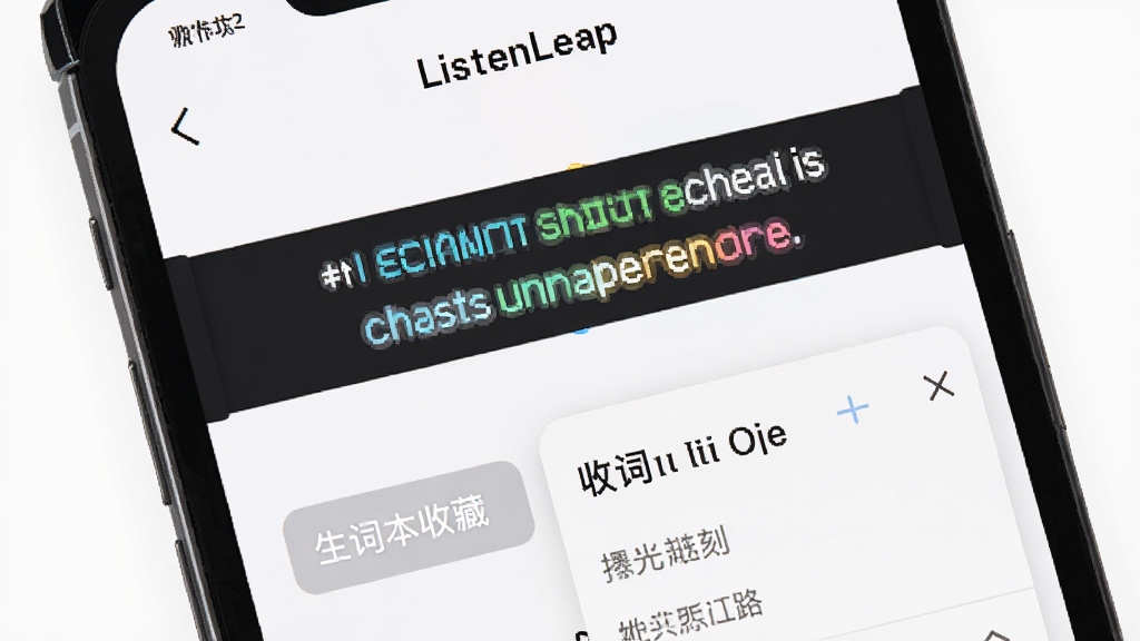 һ���ֻ���Ļ��д����ʾ��ListenLeap�����Ž�����Ӣ��˫����Ļͬ���������·������ʱ��ղذ�ť�����嵯��������Ϊ���½ṹ�����Ϊ��ˬ���ƶ���UI��ƣ�ϸ������Ļ����������������������ɫ��ǣ����ʸ��塢�ɾ����޶���Ԫ��