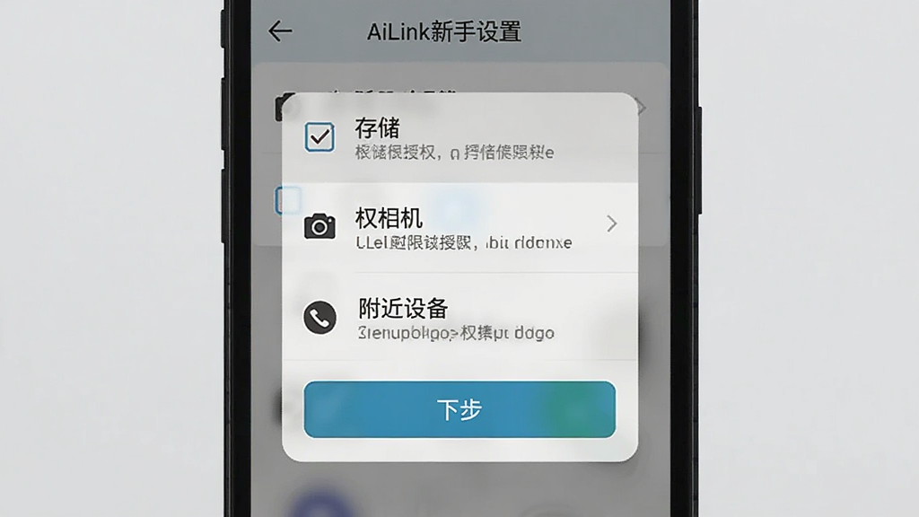 AiLink新手设置界面截图,手机屏幕显示权限授权弹窗,包括存储、相机、附近设备三个选项,布局为竖向列表,风格为简洁明了的引导页,细节包含勾选框、下一步按钮、权限说明文字,画质清晰,干净,无多余元素
