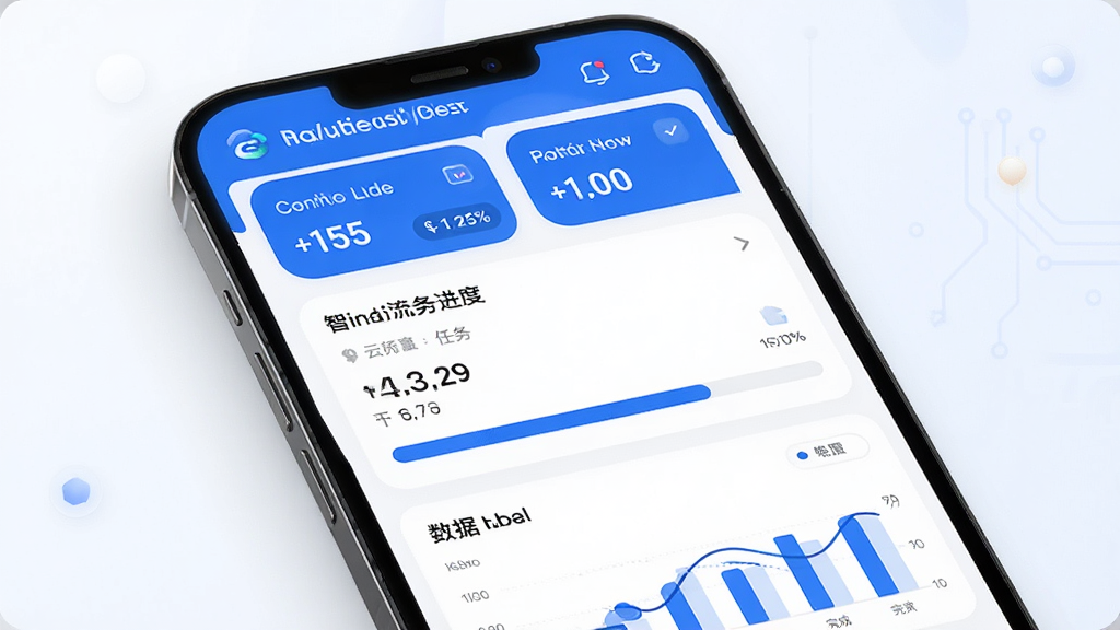 云帮众客 智能引流任务系统界面 主体是手机屏幕中显示任务列表与完成进度条 布局为上下结构 上方是任务卡片 下方是数据图表 风格为清爽的商务科技风 细节包括蓝色主色调 圆角卡片 清晰的数字标识 画质高清 干净 无多余元素