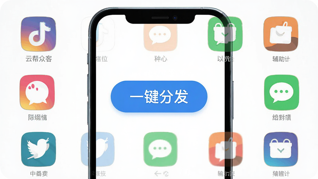 云帮众客 全民数字创业辅助功能展示 主体是手机屏幕中显示多个社交平台图标与一键分发按钮 布局为图标环绕中心按钮 风格为扁平化插画风 细节包括明亮的色彩 简洁的线条 清晰的文字标注 画质高清 干净 无多余元素