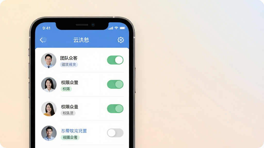 云帮众客 团队协作管理界面 主体是手机屏幕中显示团队成员头像列表与权限设置开关 布局为列表式 风格为简约商务风 细节包括整齐的头像排列 清晰的权限标签 柔和的背景色 画质高清 干净 无多余元素