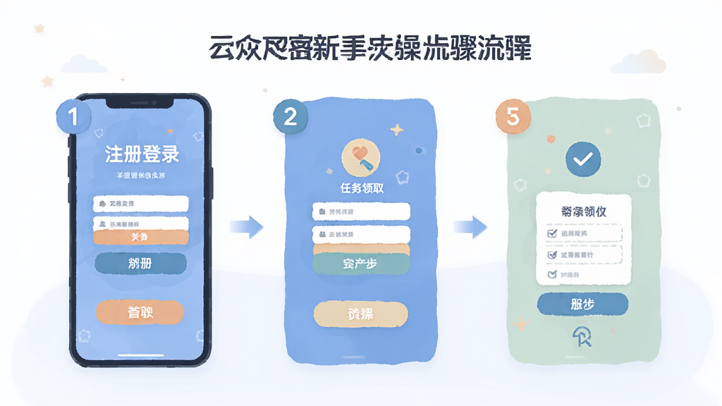 云帮众客 新手操作步骤示意图 主体是手机屏幕中显示注册登录与任务领取的流程 布局为分步展示 风格为扁平化教程插画 细节包括清晰的步骤编号 简洁的图标 柔和的配色 画质高清 干净 无多余元素