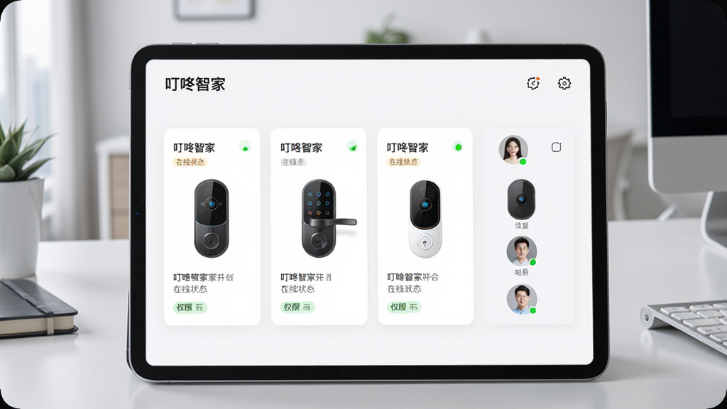 һ��ƽ�������Ļչʾ�����Ǽҵ��豸����ҳ�棬������ͬʱ��ʾ��������������̨���������״̬��Ƭ��ÿ�ſ�Ƭ�����豸���ƺ�����״ָ̬ʾ�ƣ��Ա��м�ͥ��Աͷ���б�������Ϊ�ִ��칫���棬�����ˬ����ϸ�ڰ���Ȩ�ޱ�ǩ�����ó���ͼ�꣬���ʸɾ������ֱ�ע�������Ǽҡ���ҳ�涥��