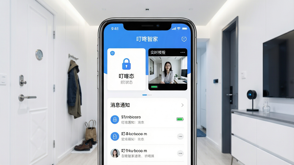 һ��չʾ�����Ǽ�APP��������ֻ�����ͼ������������һ�����������ֻ�����Ļ����ʾ�����Ǽ�Ӧ����ҳ����������״̬��Ƭ��ʵʱ��ƵԤ�����ڡ���Ϣ֪ͨ�б�������Ϊ�ִ���Լ�Ҿ����س�����ɫ���԰�ɫ�ͿƼ���Ϊ�������ɾ���ˬ��ϸ�ڰ�������ͼ�ꡢ����ͷͼ�ꡢ��ص���ָʾ�����ʸ��壬�޶���Ԫ�أ����ֱ�ע�������Ǽҡ�����Ļ����