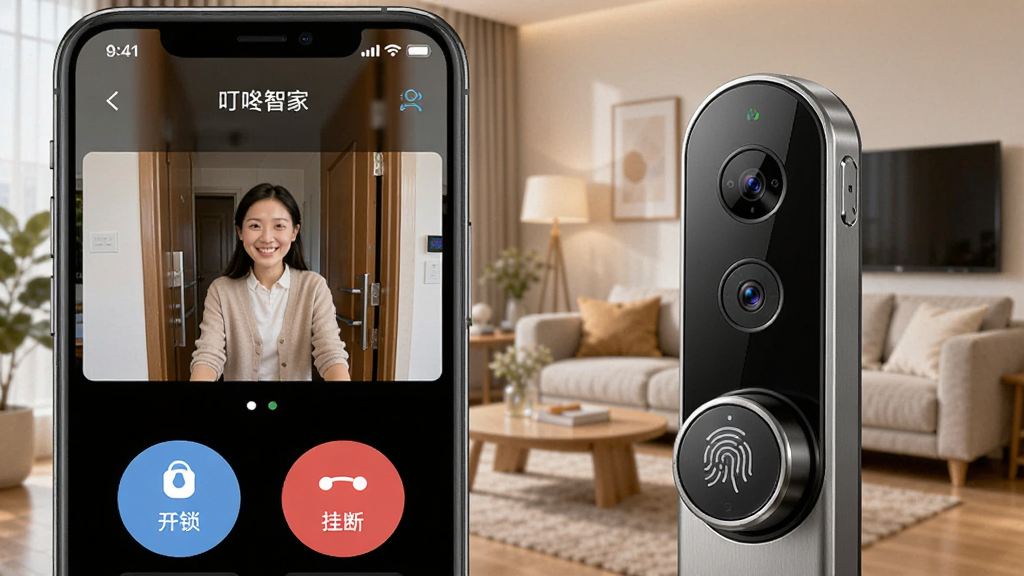 һ���ֻ���Ļ��ʾ�����Ǽҵ���Ƶ�Խ����棬�������ܿ����ſڷÿ͵�ʵʱӰ����Ļ�·��С��������͡��Ҷϡ�������ť���ֻ��Ա߰ڷ���һ����������ʵ�����Ϊ��ܰ�ļ�ͥ���������дʵ������ϸ�ڰ���������ָ��ʶ�����������ͷ��ͷ���������������ֱ�ע�������Ǽҡ��ڽ��涥��