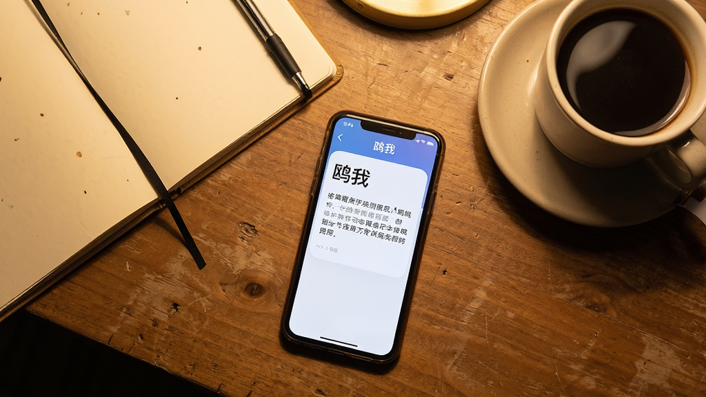 画面主体为一张书桌俯视图,桌上放着一部手机,手机屏幕显示
