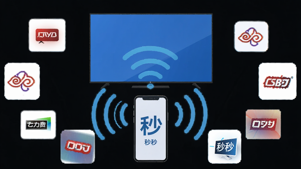 免费电视投屏高清软件极速连接功能展示,一部手机屏幕周围环绕着各种主流电视品牌图标,通过无线信号波纹连接至中央大屏电视,布局以手机为中心向外辐射,风格简洁扁平化,细节展示连接速度毫秒级标识,画质高清,干净无多余元素