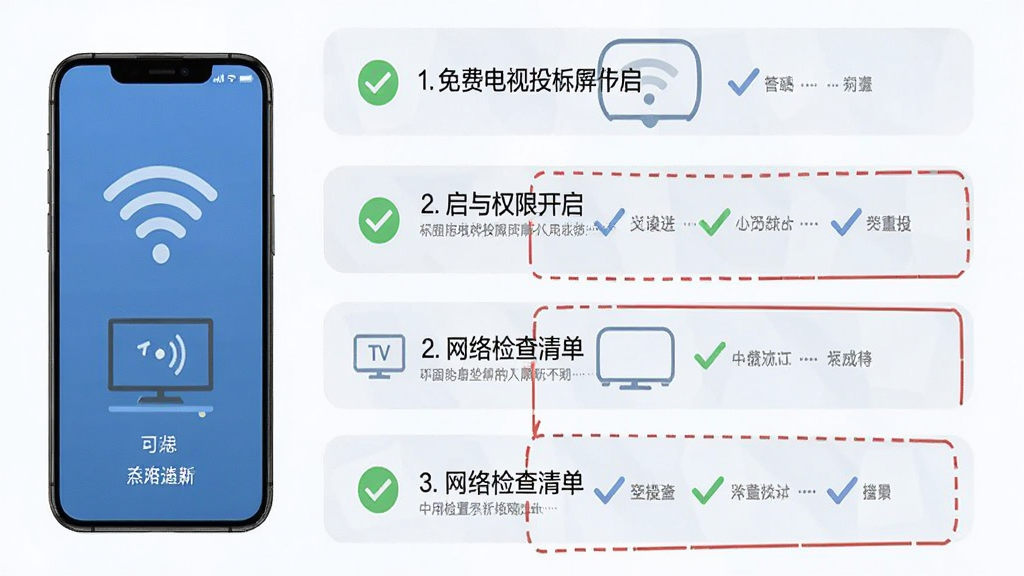 免费电视投屏高清软件新手设置引导界面,手机屏幕显示权限开启步骤和网络检查清单,画面中有WiFi信号图标和电视连接示意图,布局为纵向步骤列表,风格扁平化信息图,细节展示打勾完成状态和重点提示红框,画质高清,干净无多余元素