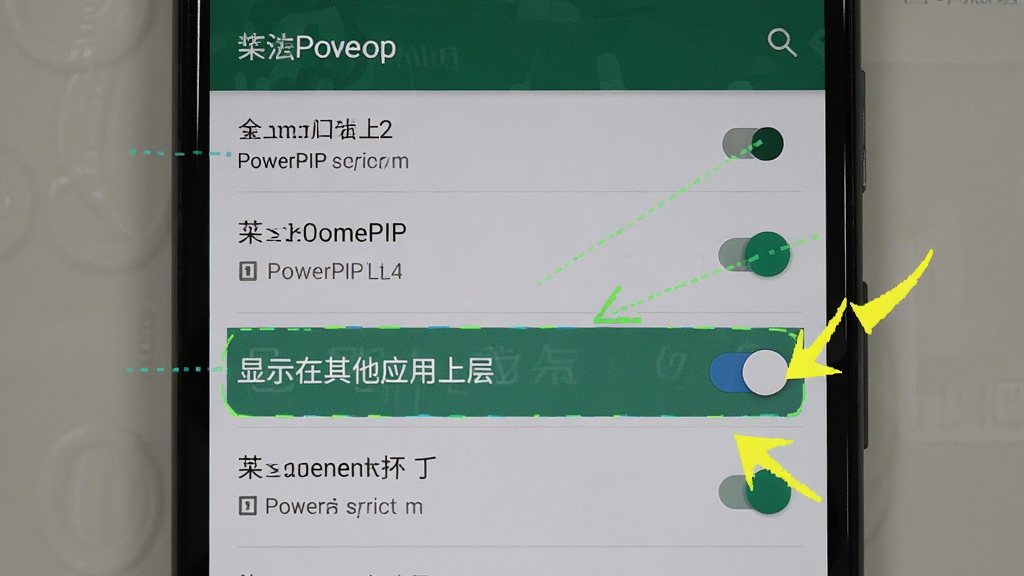 һ��չʾPowerPIP�ڰ�׿�ֻ�������������Ȩ�޵Ľ̳̽�ͼ������Ϊ�ֻ�ϵͳ���ý��棬����Ϊ���ϵ��µĲ���ָ�����Ű�ͻ������ʾ������Ӧ���ϲ㡹���ذ�ť�����Ϊԭ����׿UI��ϸ�ڰ���Ȩ���б�������״̬����ͷ��ע�������������ɾ����޶���Ԫ��