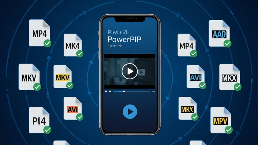 һ��չʾPowerPIP�㷺��ʽ�������Ե�ʾ��ͼ������Ϊ�ֻ���Ļ������ʾ��Ƶ���Ž��棬��Χ�����Ÿ�����Ƶ��ʽͼ����MP4��MKV��AVI�ȣ�����Ϊ�������У��Ű����������Ϊ�Ƽ�������ϸ�ڰ�����ʽͼ�ꡢ�Թ���ǡ����Ű�ť�������������ɾ����޶���Ԫ��