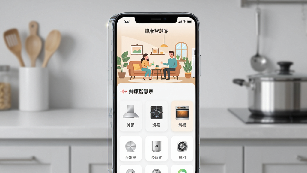 ����������һ�������ֻ�����Ļ��ʾ��˧���ǻۼҡ�APP����ҳ���棬�����������̻���ȼ���������豸ͼ�꣬���ֲ������½ṹ���Ϸ��Ǽ�ͥ�����廭���·����豸��Ƭ�б����Ű����������Ϊ�ִ��Ƽ�����Ӽ���ܰ�н�ϣ�ϸ�����ֻ���Ե�й�Ӱ���䣬������ǳ��ɫ����̨��������黯�����ʸ��壬�ɾ����޶���Ԫ�ء�