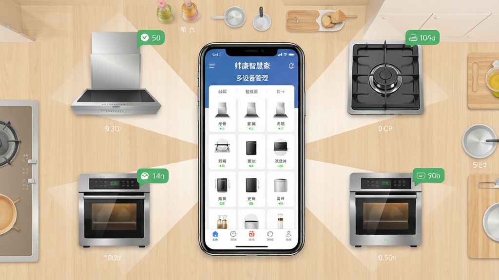 һ�Ÿ����ӽǵ����ܳ�������ͼ�������������ֻ���Ļ��ʾ��˧���ǻۼҡ�APP�Ķ��豸�������棬��Χ���������̻���ȼ���������ȳ����ģ��ͼ�꣬���ֲ��÷���״���У����Ϊ��ƽ���廭��дʵ��ϣ�ϸ����ÿ���豸ͼ������״̬С��ǩ��������ǳľɫ����̨�棬���ʸ��壬�ɾ����޶���Ԫ�ء�