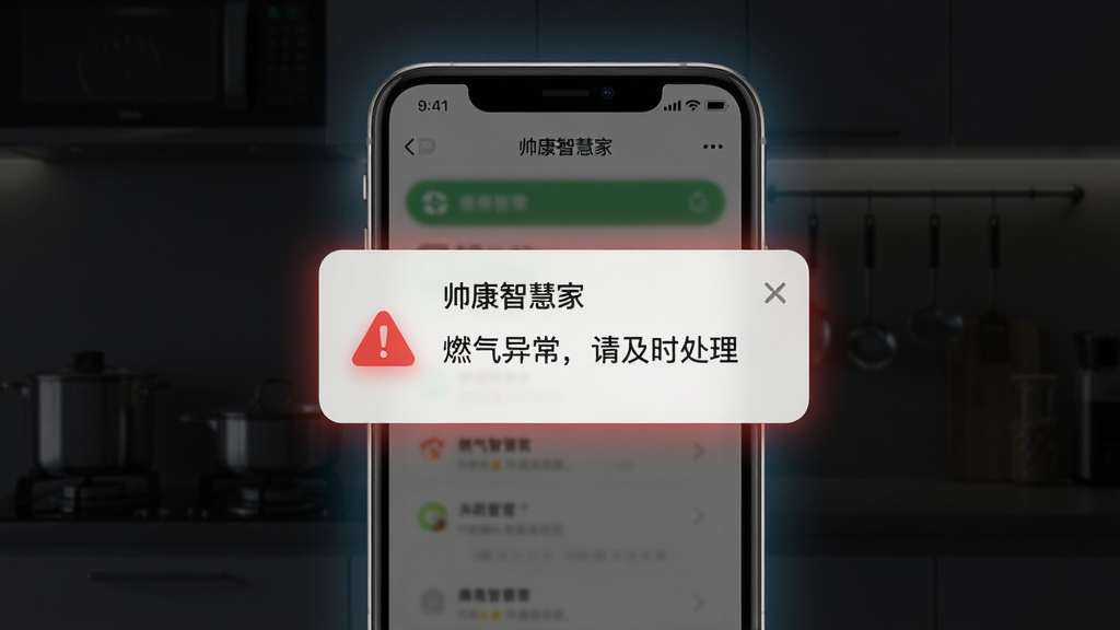 �����������ֻ���Ļ������˧���ǻۼҡ�APP�İ�ȫ�澯֪ͨ��֪ͨ������ʾ��ȼ���쳣���뼰ʱ������������Ϊ�ֻ����У������ǳ��������İ�ɫ�������Ϊ�Ƽ���ȫ��ʾ�磬ϸ����֪ͨ��Ƭ�к�ɫ��ʾͼ�꣬�ֻ���Χ��΢�⣬���ʸ��壬�ɾ����޶���Ԫ�ء�