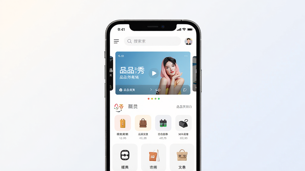 һ��չʾƷƷ���ƶ���Ӧ���������ͼƬ������������һ�������ֻ�����Ļ��ʾƷƷ���̳���ҳ���Ϸ������������ֲ�ͼ���·������Ÿ�����Ʒ����ͼ�꣬����Ϊ�ɾ���ǳɫ���䣬������ִ���ϸ�����������ʸ��壬�޶���Ԫ��