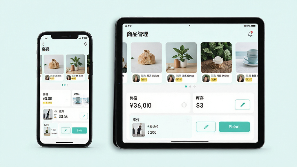 ����Ϊ�ֻ���ƽ�岢��չʾ����Ļ�ϳ��������̼�App����Ʒ�������棬����Ϊ���½ṹ���Ϸ�Ϊ��ƷͼƬ�ֲ����·�Ϊ�۸�����༭�����Ű����������Ϊ����ǳɫ�磬ϸ�ڰ�����Ʒ����ͼ���۸��ǩ��������֡��༭��ť�����ʸ��塢�ɾ����޶���Ԫ��