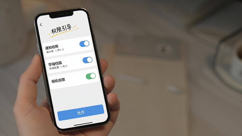 ����Ϊ�ֻ���Ļչʾ�����̼�App��Ȩ����������ҳ�棬����Ϊ�����б����Ű����������Ϊ��Լǳɫ�磬ϸ�ڰ���֪ͨȨ�޿��ء��洢Ȩ�޿��ء����Ȩ�޿��ء�������ť�����ʸ��塢�ɾ����޶���Ԫ��