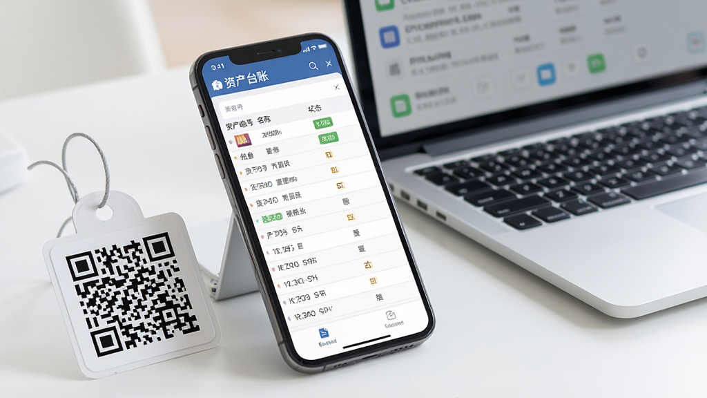 一张资产运营软件功能展示图,画面主体为手机屏幕特写,屏幕中呈现资产台账列表界面,包含资产编号、名称、状态等字段,手机旁边放置着一个二维码标签和一台笔记本电脑,背景为简洁的办公桌面,采用写实风格,色调明亮柔和,画面干净无杂物,画质高清